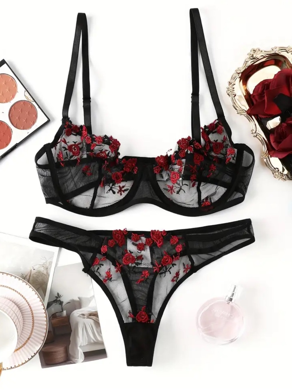 Black & Red, Floral Embroidery, Bra & Panty Set